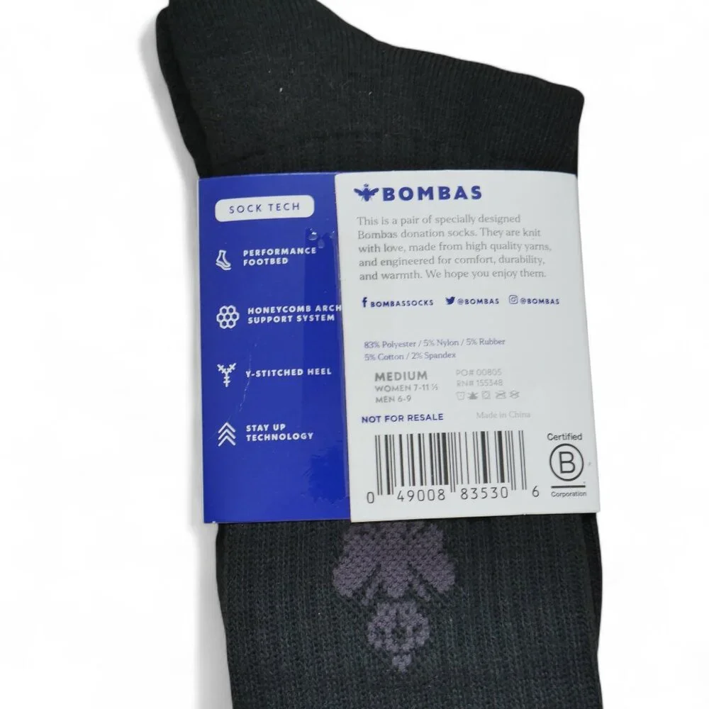 Bombas Performance Crew Socks 1 Pair Size Mens 6-9 Womens 7-11.5 Black/Gray NEW
